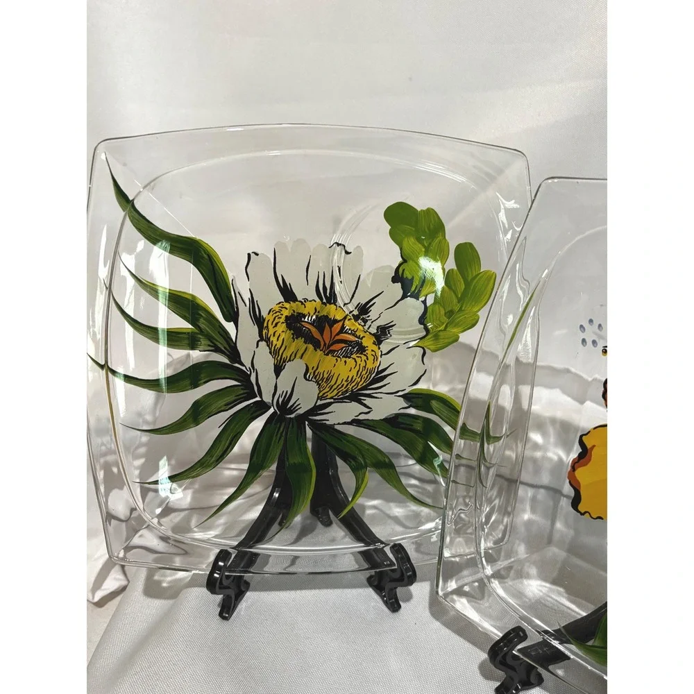 2 Vintage Hand Painted Floral Glass Plates Square cup holder‎ MCM Garden Party